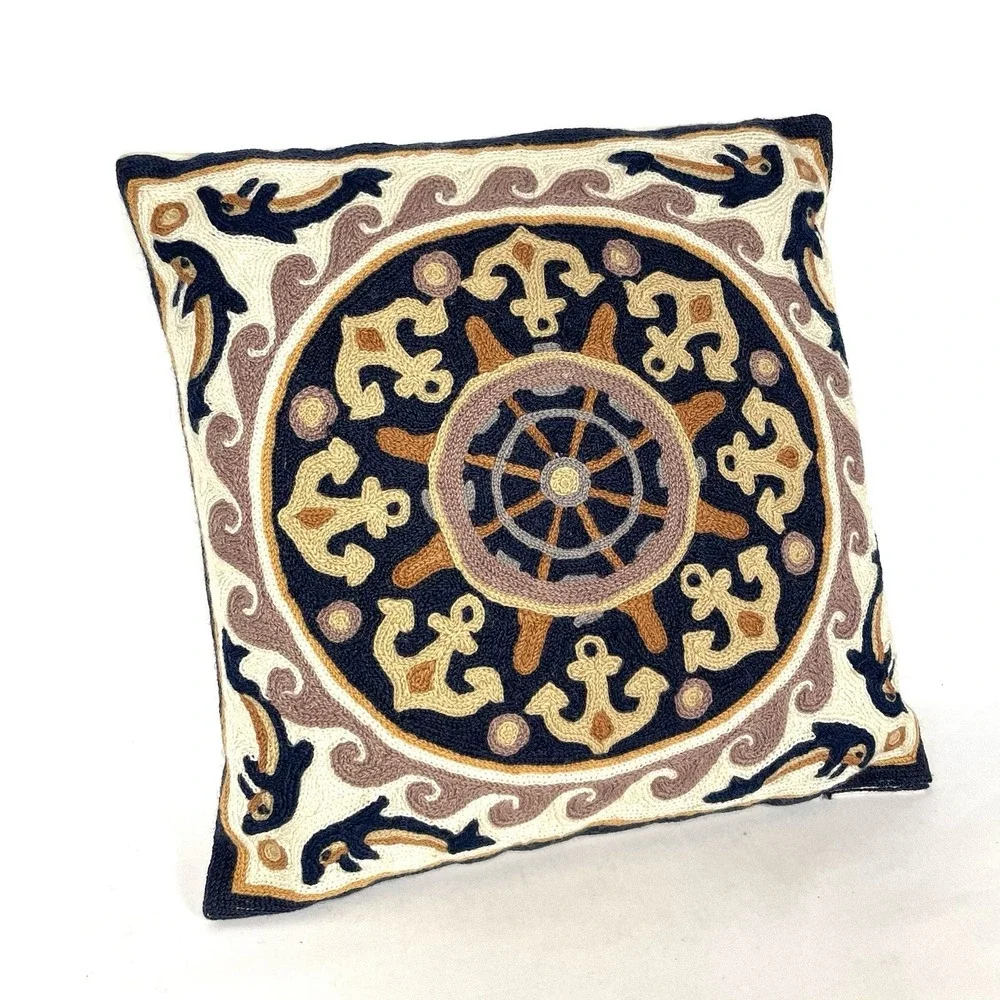 Greek Embroidered Nautical Throw Pillow 15x15 Dolphins‎ Anchors Coastal Decor